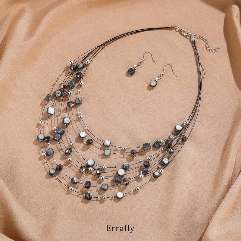 Errally Store Multi-Layer Boho Shell Beaded Necklace for Women Colorful Crystal Strand with Silver Beads Statement Collars Necklace and Earrings Costumes Jewelry Sets for Women - Image 2